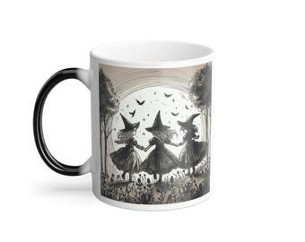 Tazza Color Morphing, 11oz Ragazze vestite da streghe che ballano al chiaro di luna Tazza ''Le ragazze saranno ragazze'' Tazza di Halloween, Tazza da caffè stregata,