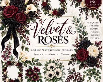 Gothic Floral Watercolor Clipart | Burgundy Roses, Black Dahlias & Ivory Calla Lilies PNG | Victorian Wedding Flowers