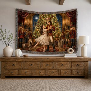 Nutcracker Christmas Woven Blanket, Christmas Ballet Tapestry Throw, Clara and Nutcracker Prince, Vintage Holiday Decor, Christmas Gift