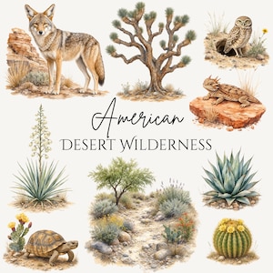 May include: A collection of watercolor illustrations featuring a coyote, a Joshua tree, an owl, a horned lizard, a desert tortoise, a barrel cactus, agave plants, and a desert landscape with the text American DESERT WILDERNESS centered in the middle.