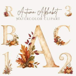 Könnte beinhalten: Eine digitale Sammlung von Aquarell-Alphabetbuchstaben und Zahlen mit dem Titel Autumn Alphabet Watercolor Clipart. Die Zeichen sind mit herbstlichen Elementen verziert, darunter orangefarbene Kürbisse, braune Eicheln, rote und grüne Blätter sowie Pilze.
