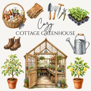 Könnte beinhalten: Eine Sammlung von Gartenartikeln, darunter ein Weidenkorb mit Blumenzwiebeln, Lederhandschuhe, Handwerkzeuge, eine Anzuchtschale, braune Stiefel, eine Metallgießkanne, ein Apfelbaum im Topf, ein Zitronenbaum und ein Gewächshaus mit dem Text Cozy COTTAGE GREENHOUSE.