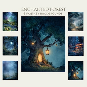Può includere: Arte digitale con sei sfondi fantasy a tema foresta incantata. Le immagini includono un sentiero nella foresta, uno stagno con ninfee e un grande albero con una porta e lanterne. Il testo recita "Enchanted Forest 6 Fantasy Backgrounds."