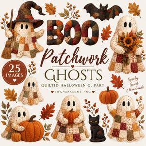 Può includere: Una collezione digitale di 25 illustrazioni di fantasmi in patchwork con texture trapuntate nei colori autunnali. Il set include fantasmi con cappelli da strega, zucche, girasoli e un gatto nero, accompagnati dal testo BOO Patchwork GHOSTS.