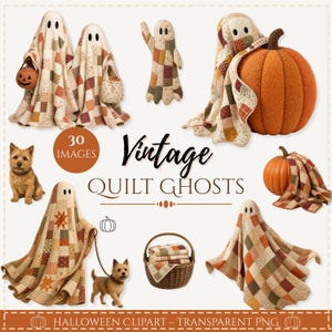 Könnte beinhalten: Eine Sammlung digitaler Cliparts mit Geistern, die in Patchwork-Steppdecken in herbstlichen Farben gehüllt sind, dazu orangefarbene Kürbisse, ein brauner Weidenkorb mit gefalteten Stoffen und ein kleiner brauner Hund, mit dem Text Vintage QUILT GHOSTS.