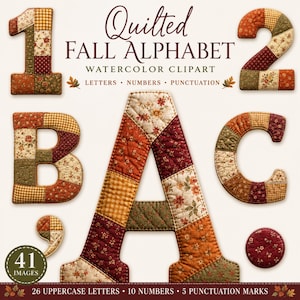Puede incluir: Una colección digital de imágenes prediseñadas en acuarela Quilted Fall Alphabet que incluye los números 1 y 2, las letras A, B y C, y signos de puntuación. Los caracteres tienen un diseño de patchwork en colores otoñales naranja, rojo, marrón y crema.