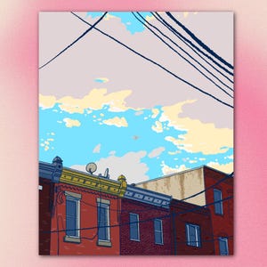 Puede incluir: Ilustración artística de una escena de calle urbana. La imagen presenta una fila de edificios de ladrillo en tonos rojos y marrones, con ventanas azules. El cielo es una mezcla de azul, amarillo y blanco, con cables eléctricos encima.