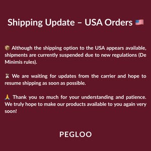 Pu&ograve; includere: Uno sfondo bordeaux con testo bianco che recita "Shipping Update - USA Orders" e una piccola bandiera americana. Il testo spiega che le spedizioni verso gli Stati Uniti sono sospese a causa di nuove normative. Il testo dice anche che stanno aspettando aggiornamenti.