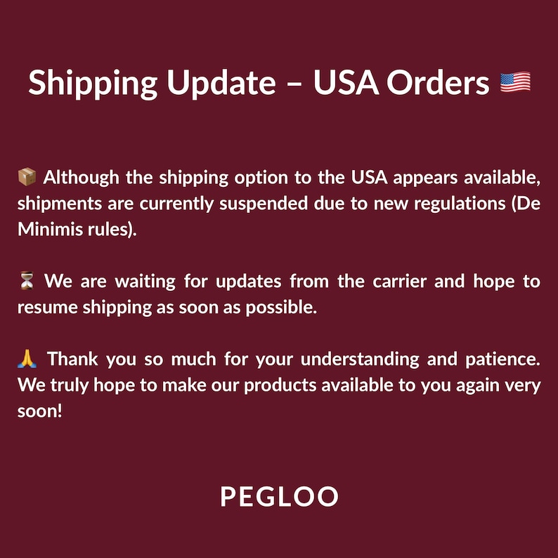 Pu&ograve; includere: Uno sfondo bordeaux con testo bianco che recita "Shipping Update - USA Orders" e una piccola bandiera americana. Il testo spiega che le spedizioni verso gli Stati Uniti sono sospese a causa di nuove normative. Il testo dice anche che stanno aspettando aggiornamenti.
