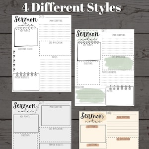 May include: Four different printable sermon note templates with different designs. Each template includes sections for date, main scripture, key points, life application, questions, prayer requests, reflection, and prayer.