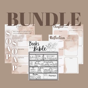 May include: A printable bundle of Bible study resources. The bundle includes a "SOAP" study guide, a "Books of the Bible" chart, and a "Chapter Notes" page. The pages are decorated with a watercolor background and floral illustrations.