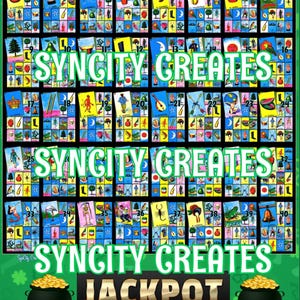 May include: A colorful game board featuring multiple rows of illustrated cards with numbers and images. The text "SYNCITY CREATES" is displayed multiple times. The word "JACKPOT" is displayed in gold lettering, with pots of gold on either side.