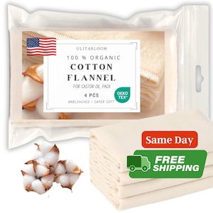 Könnte beinhalten: Eine Packung mit vier unbleichten, superweichen, 100% Bio-Baumwoll-Flanelltüchern. Die Tücher sind in einem durchsichtigen Plastikbeutel verpackt mit einem Etikett, auf dem "ULITABLOOM 100% ORGANIC COTTON FLANNEL FOR CASTOR OIL PACK 4 PCS UNBLEACHED I SUPER SOFT" und ein Logo mit der Aufschrift "OEKO TEX" steht.