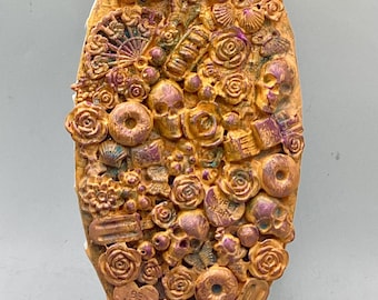 Floral Skulls Trinket Canvas with Candy Charms, Peacock Oil Slick Finish