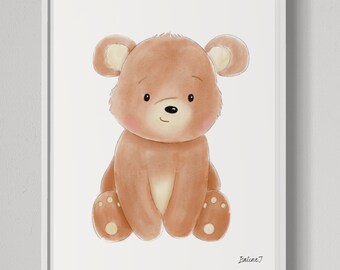 Baby bear watercolour - nursery decoration - cute animals drawing - birth gift