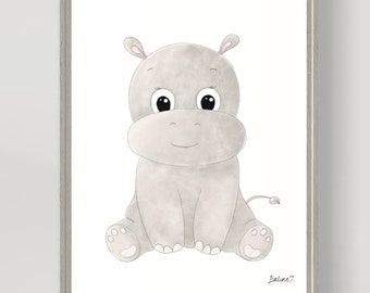 Hippopotamus watercolour painting - nursery decoration - birth gift - hippo drawing