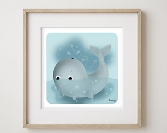 Whale printed drawing - whale illustration - nursery whale decoration
