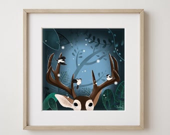 drawing of deer and birds - deer and birds illustration