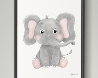 Elephant watercolour painting - nursery decoration - birth gift - elephant drawing