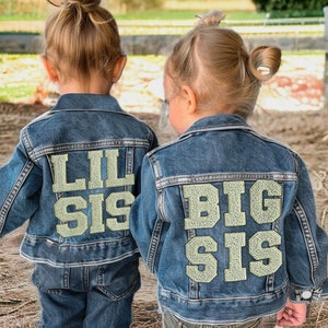 Big and Lil Sis Jean Jacket Sibling Matching Jean Jacket Toddler Jacket Baby Gifts Embroidered Jean Jacket Matching Outfits image 1