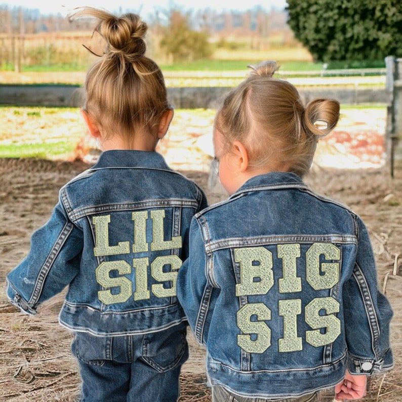 Big and Lil Sis Jean Jacket Sibling Matching Jean Jacket Toddler Jacket Baby Gifts Embroidered Jean Jacket Matching Outfits image 1