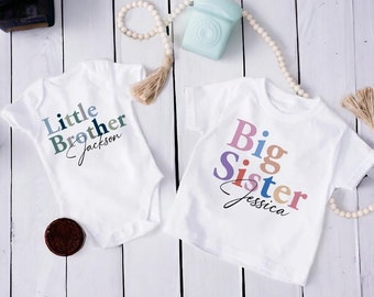 Custom Name Big Brother and Little Sister Matching T-Shirts and Rompers | Big Sister and Little Brother | Personalised Sibling T-shirt