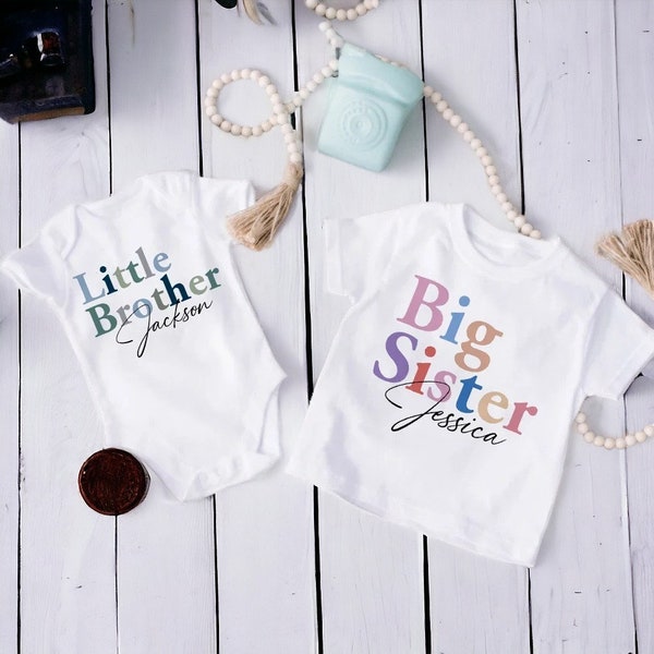 Custom Name Big Brother and Little Sister Matching T-Shirts and Rompers | Big Sister and Little Brother | Personalised Sibling T-shirt