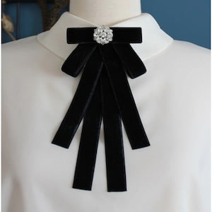 Black bow brooch, velvet bow tie for women, Black Bow brooch, Accessories for women, Office fashion, long bow tie, ribbon bow brooches, gift
