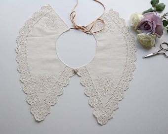 Detachable Peter Pan Collar, Cream Floral Embroidery, Vintage Lace Collar