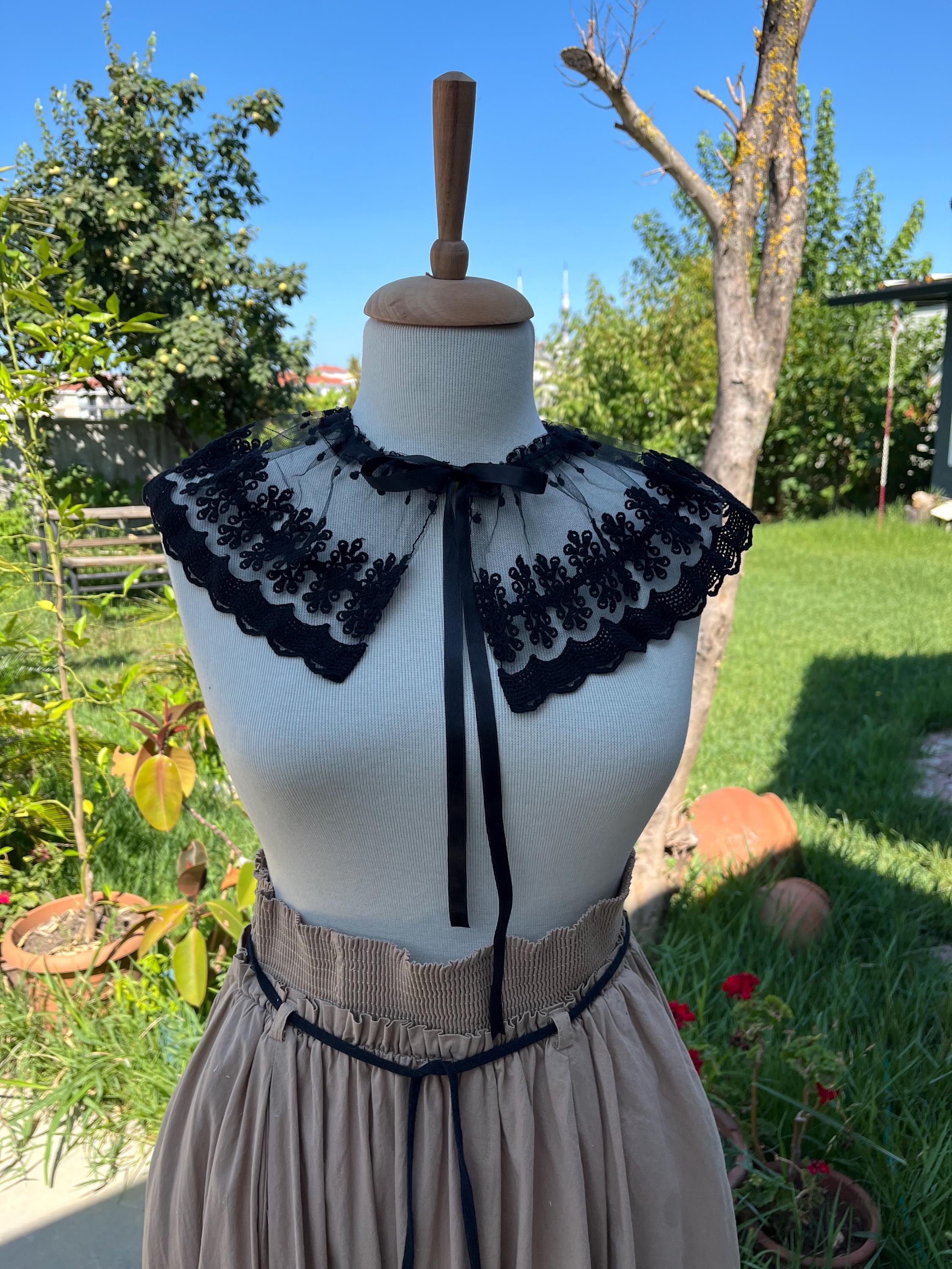 Detachable Peter Pan Collar, Black Floral Embroidery, Cotton Vintage Collar