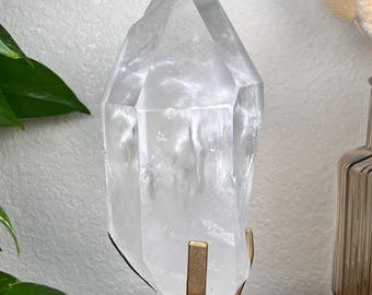Lemurian Quartz Crystal Point on custom gold stand 3lbs 5.5oz - Brazil
