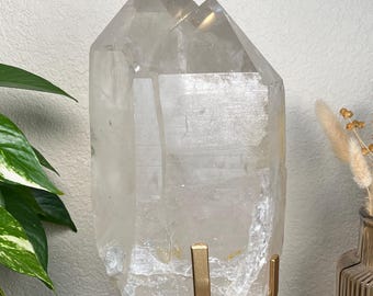 Extra Large Quartz Crystal Point on gold custom spinning stand 16lbs 14.2oz - Brazil