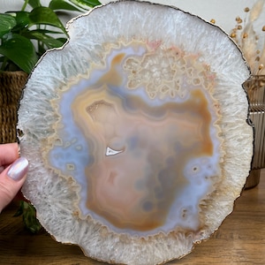 May include: A natural agate slice with a gold-colored edge. The stone features concentric bands of white, beige, and light blue hues. The agate is round and has a polished surface, showcasing its unique patterns and textures.