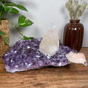 Amethyst Cluster w/Sugar Calcite & Calcite Point Inclusions - Brazil