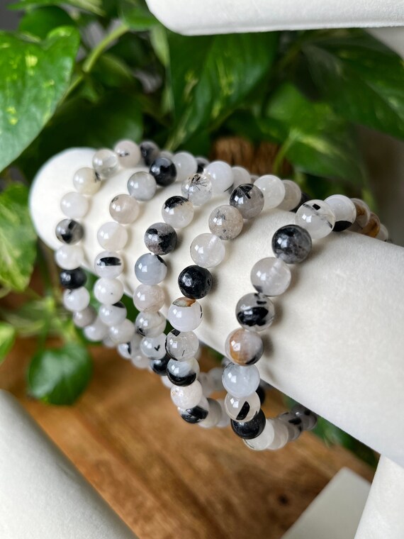 Tourmalinated Quartz Crystal Beaded Bracelet 8mm, Crystal Jewelry