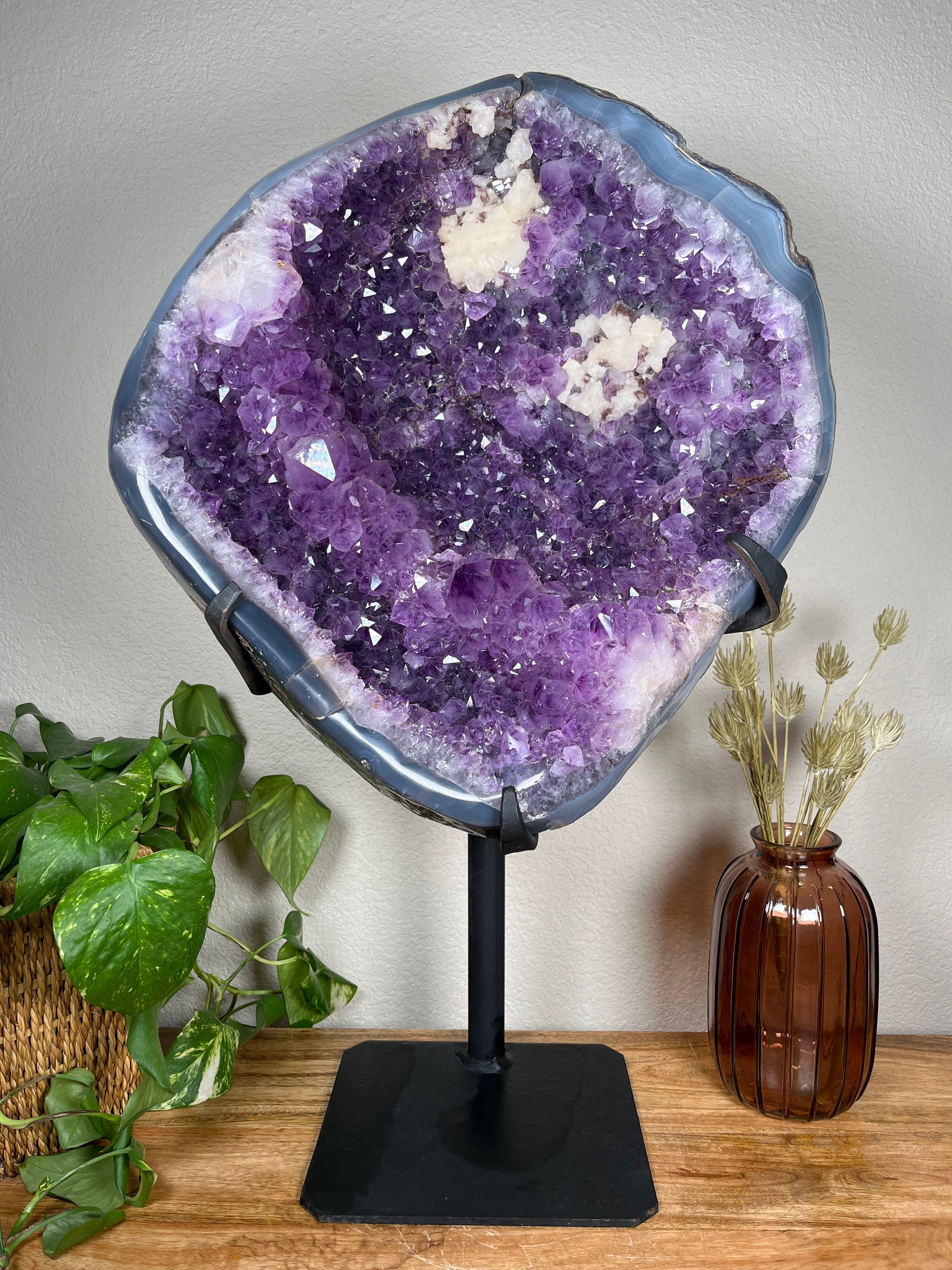 XL Agate Lined Amethyst Geode W/calcite Inclusions on Custom Stand ...