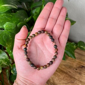 May include: A brown, green, and red beaded bracelet with a red string closure.