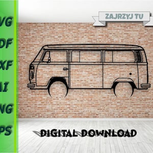 May include: A black line drawing of a classic van, presented as a digital download. The van is depicted in profile against a brick wall. Text on the left side reads "SVG, PDF, DXF, AI, PNG, EPS." The words "DIGITAL DOWNLOAD" are at the bottom.