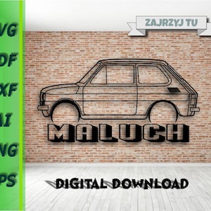 Puede incluir: Dibujo lineal negro de un coche pequeño con la palabra "MALUCH" debajo. Las palabras "DESCARGA DIGITAL" están en la parte inferior. El coche está sobre un fondo de pared de ladrillo. A la izquierda están las palabras "SVG, PDF, DXF, AI, PNG, EPS".
