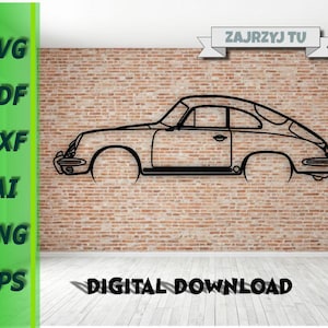May include: Black line drawing of a vintage car silhouette on a brick wall background. The image features the text "DIGITAL DOWNLOAD" and a green bar with file type abbreviations: SVG, PDF, DXF, AI, PNG, and EPS. A banner reads "ZAJRZYJ TU".