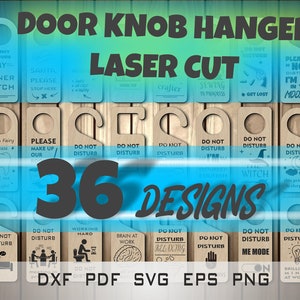 Op de afbeelding: Een verzameling van 36 lasergesneden deurknophangers. De ontwerpen bevatten verschillende zinnen en afbeeldingen, waaronder "Niet storen", "Gamer aan het werk", "Heks", "Brein aan het werk" en "Briljante geesten aan het werk".