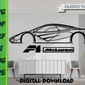 Może przedstawiać: Czarno-biały cyfrowy plik do pobrania z liniami przedstawiający samochód McLaren F1. Obraz zawiera tekst "ZAJRZYJ TU" i "POBIERANIE CYFROWE".