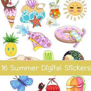 16 adesivos digitais de verão em PNG e SVG. Uso comercial é permitido. Clipart de fundo recortado e claro sobre atividades em praias tropicais.