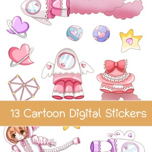 13 adorables pegatinas digitales descargables en formato SVG y PNG de dibujos animados de astronautas. Archivo de imagen recortada con un adorable astronauta. Clipart con fondo transparente hecho a mano.