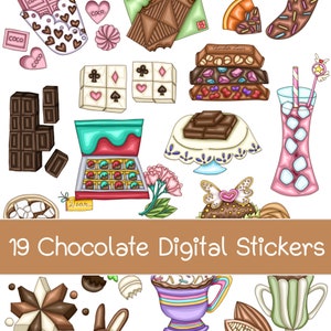Può includere: Un set di 19 adesivi digitali con varie illustrazioni a tema cioccolato. Gli adesivi includono barrette di cioccolato, caramelle al cioccolato, bevande al cioccolato e altri articoli legati al cioccolato. Gli adesivi sono perfetti per aggiungere un tocco di dolcezza ai tuoi progetti digitali.