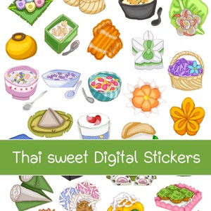 29 Thai sweets digital stickers. Thai desserts downloadable sticker. commercial use is OK. already cropped, clear background PNG files.