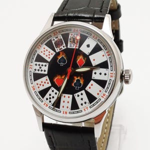 Orologio da polso meccanico vintage sovietico dell'URSS con carte da gioco Raketa #404