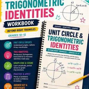 Könnte beinhalten: Ein spiralgebundenes Mathematik-Arbeitsheft für die Oberstufe mit dem Titel Unit Circle & Trigonometric Identities. Das Cover zeigt ein Einheitskreis-Diagramm, trigonometrische Formeln sowie Felder für Name und Klasse. Ein gelber Stift liegt darauf.