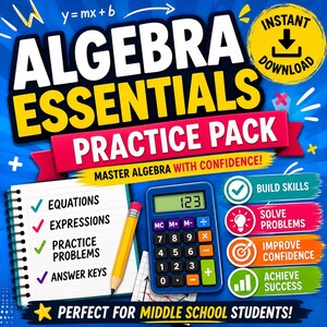 以下が含まれることがあります： 青い背景に白と黄色の文字が書かれたAlgebra Essentials Practice Packデジタルリソース。スパイラルノート、黄色い鉛筆、123と表示された青い電卓、学習目標が記載された4つのカラフルなバナーが含まれています。