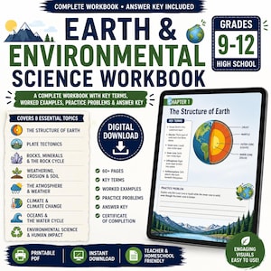 Może przedstawiać: Zeszyt ćwiczeń Earth & Environmental Science dla klas 9-12. Ten cyfrowy plik zawiera ponad 60 stron obejmujących 8 tematów, takich jak tektonika płyt i zmiany klimatu, z tabletem wyświetlającym rozdział o budowie wewnętrznej Ziemi.